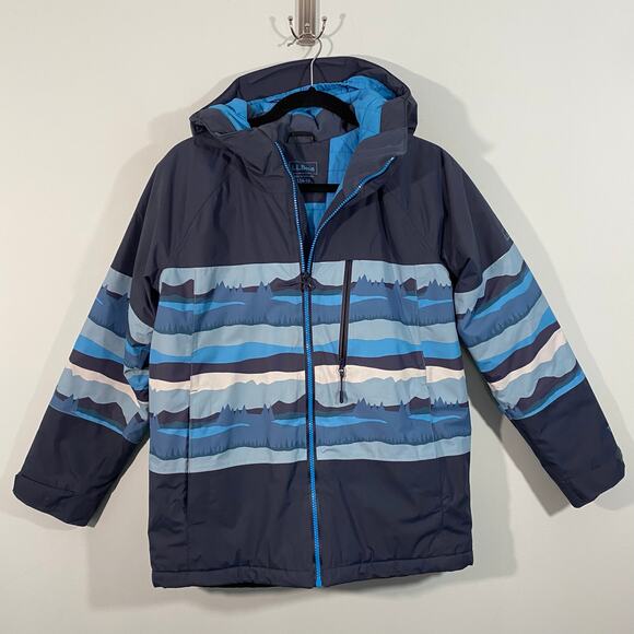 LL Bean Boy's Blue Graphics Full Zip Hooded Primaloft Winter Jacket Size L 14-16 - Picture 1 of 11